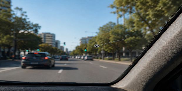 Car with a cracked windscreen driving on an Australian road.