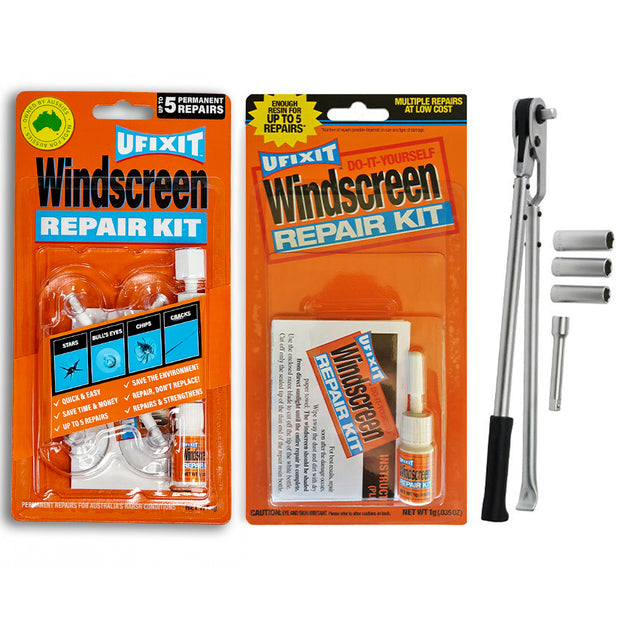 Windscreen Repair Kit, Windscreen Refill Kit & Tyre Ratchet Bundle